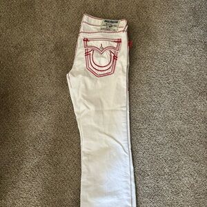 True Religion Women's Straight Leg Jeans in White with Red Accents